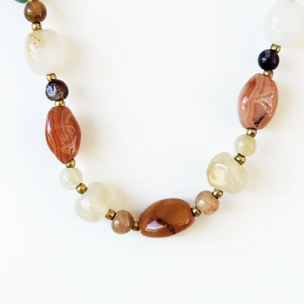 Vintage Multi Colored Agate Stone Beggar Beads Long Beaded 24 Inch Necklace